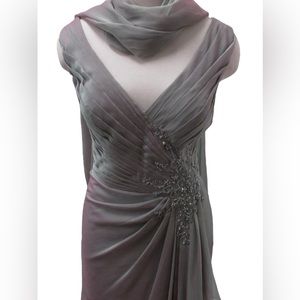 Montage by Mon Cheri Gorgeous Gray Iridescent Gown w/Scarf Size 14 NWT